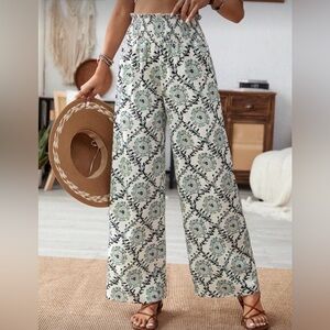 SHEIN White & Green Boho Wide Leg Pants